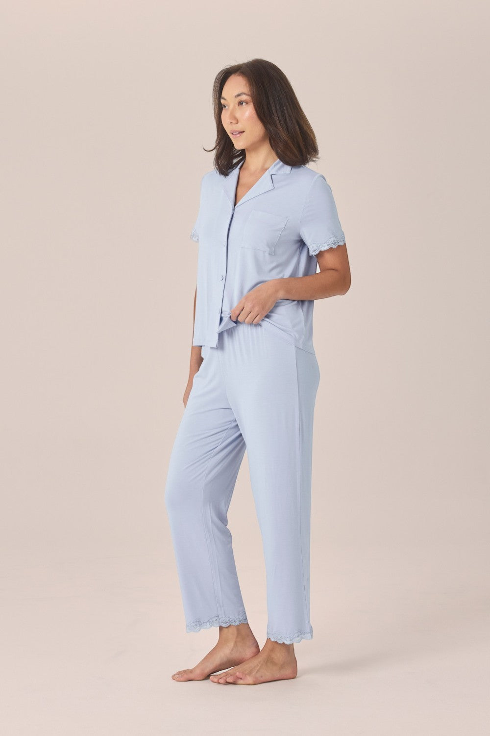 Gingerlilly Dianne Bamboo Long PJ Set with Lace - Blue - Front alt