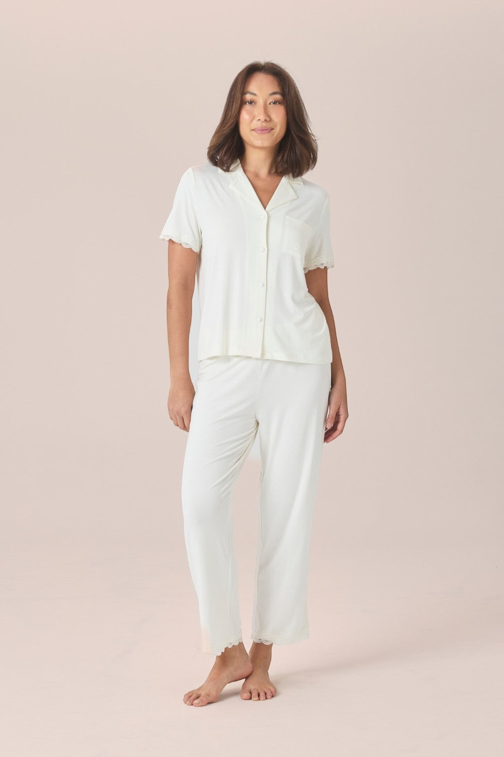 Gingerlilly Dianne Bamboo Long PJ Set with Lace in Ecru