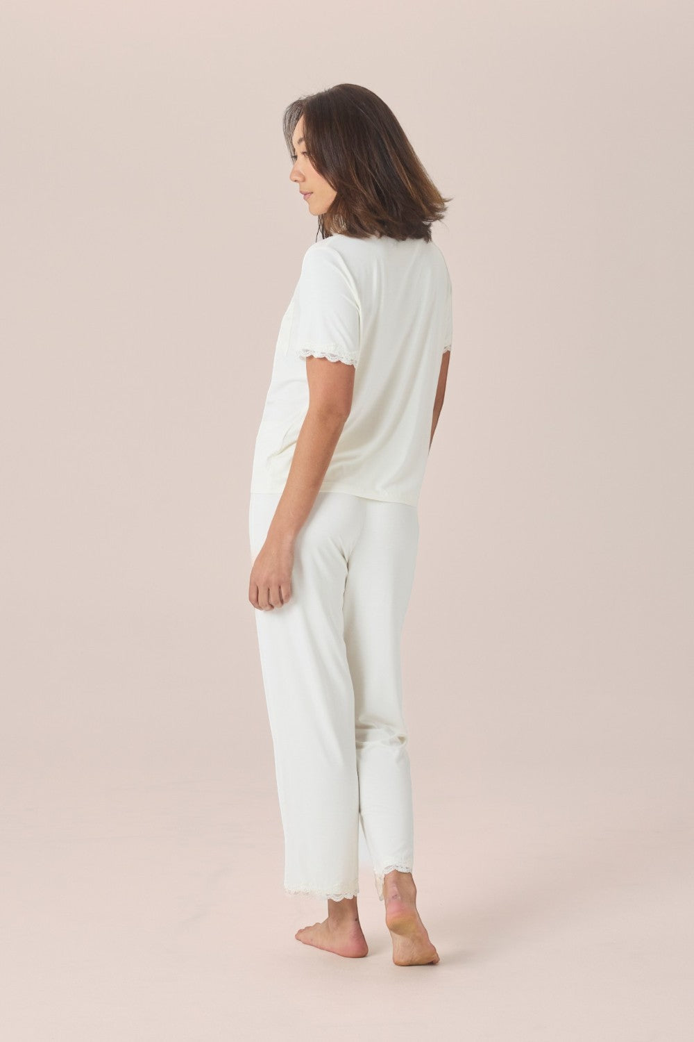 Gingerlilly Dianne Bamboo Long PJ Set with Lace in Ecru