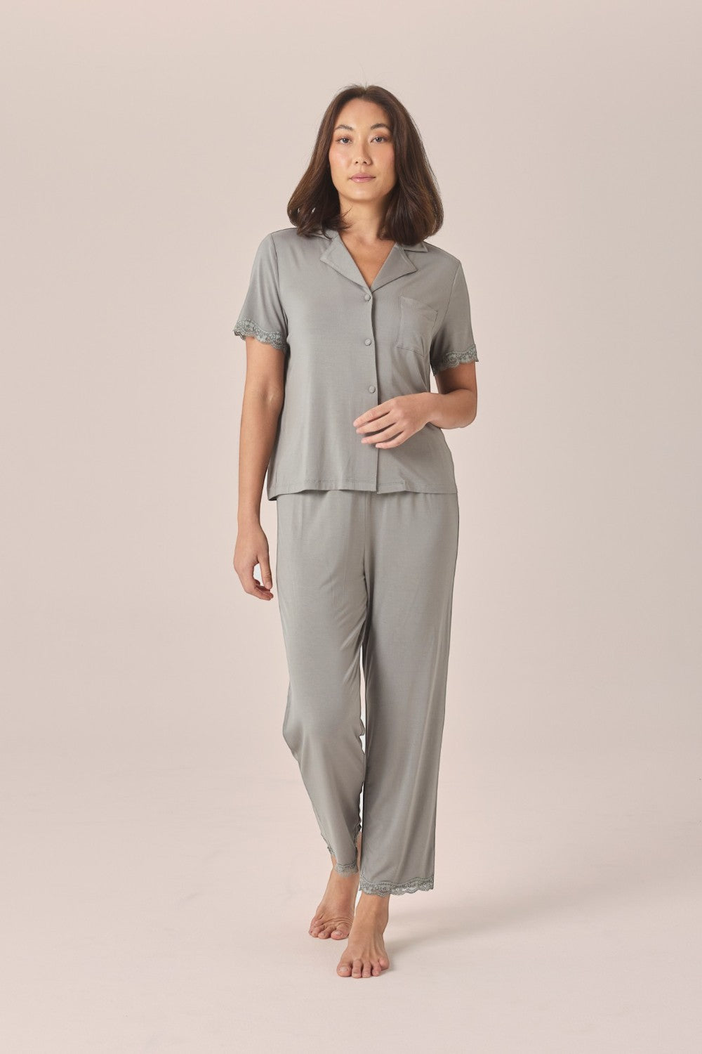 Gingerlilly Dianne Bamboo Long PJ Set with Lace in Olive