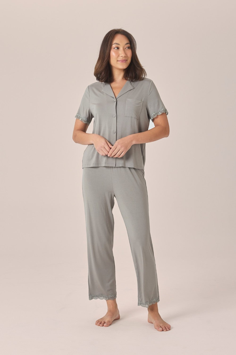 Gingerlilly Dianne Bamboo Long PJ Set with Lace in Olive