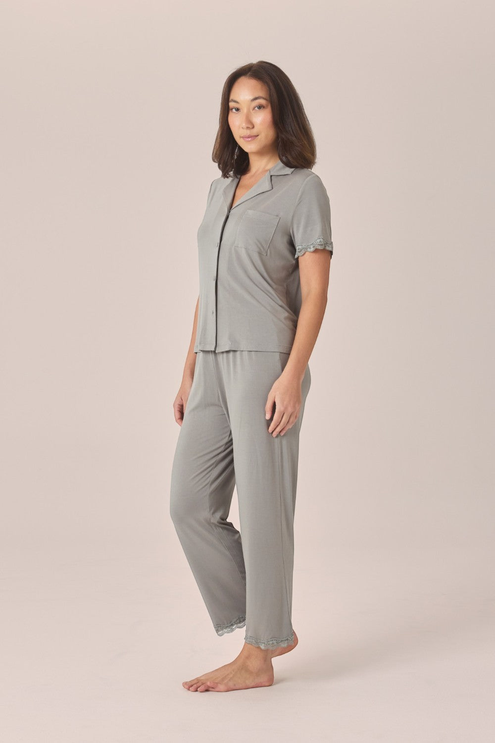 Gingerlilly Dianne Bamboo Long PJ Set with Lace in Olive