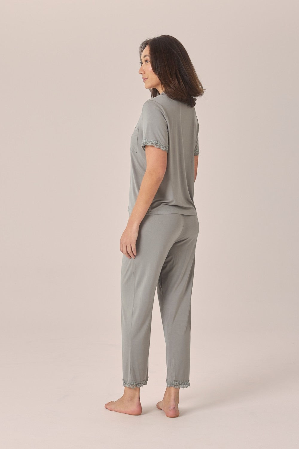 Gingerlilly Dianne Bamboo Long PJ Set with Lace in Olive