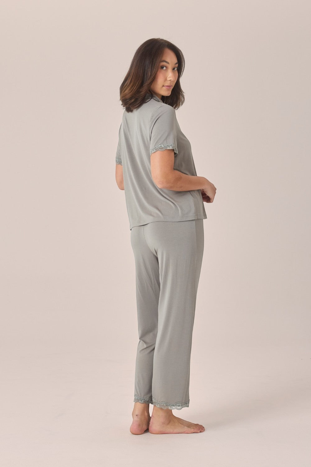 Gingerlilly Dianne Bamboo Long PJ Set with Lace in Olive
