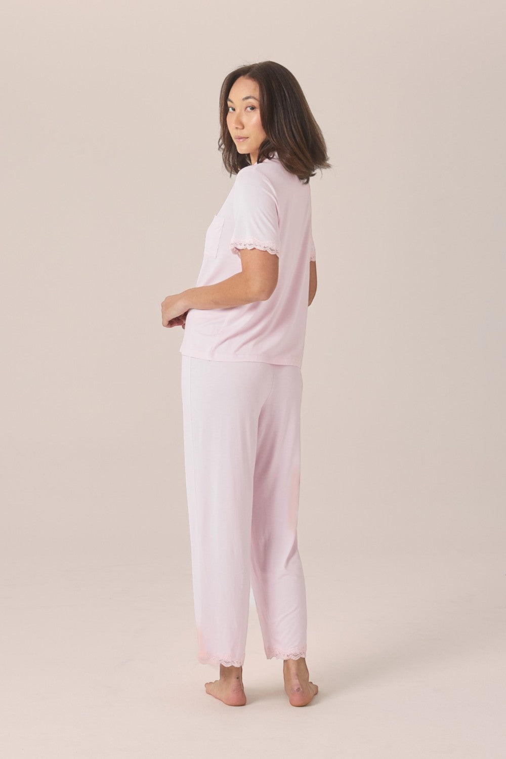 Gingerlilly Dianne Bamboo Long PJ Set with Lace in Pink