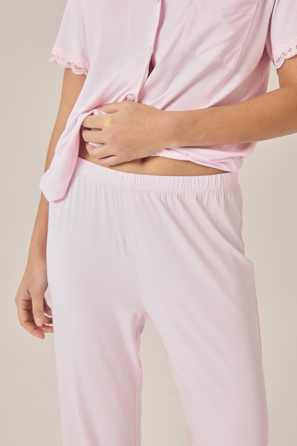 Gingerlilly Dianne Bamboo Long PJ Set with Lace in Pink