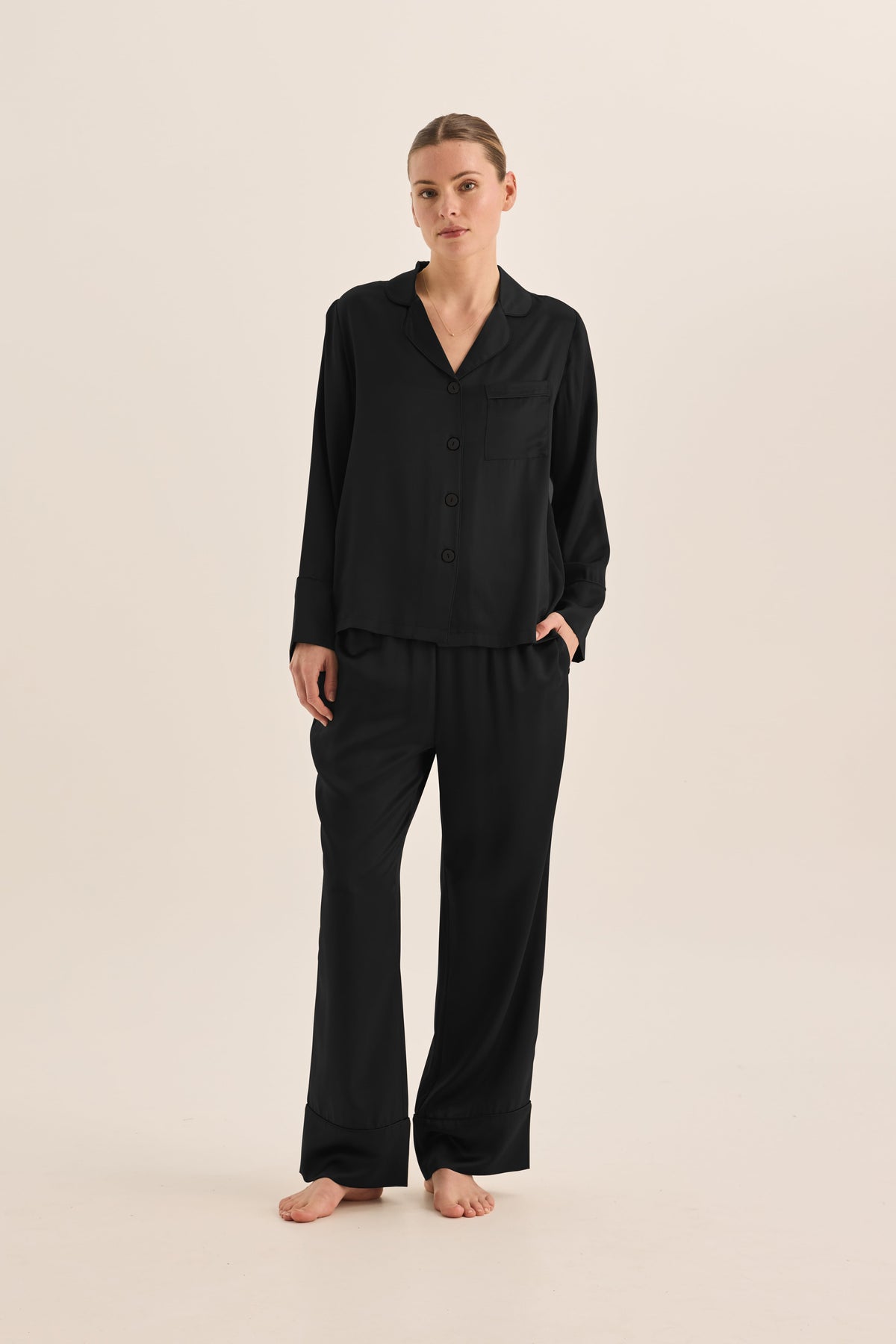 Gingerlilly Emerald Pure Silk Long Sleeve Wide Leg Pyjama Set - Black - Front