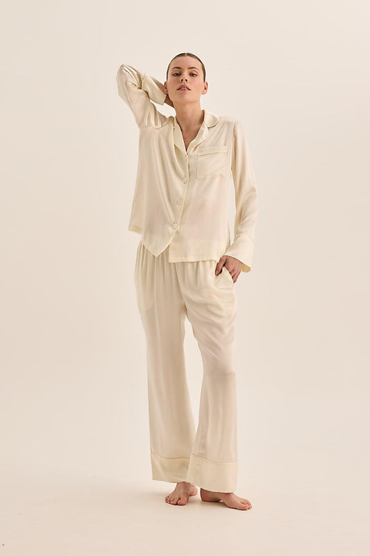 Emerald Pure Silk Ivory Long Sleeve Top with Belt and Wide Leg Pant | Gingerlilly Sleepwear