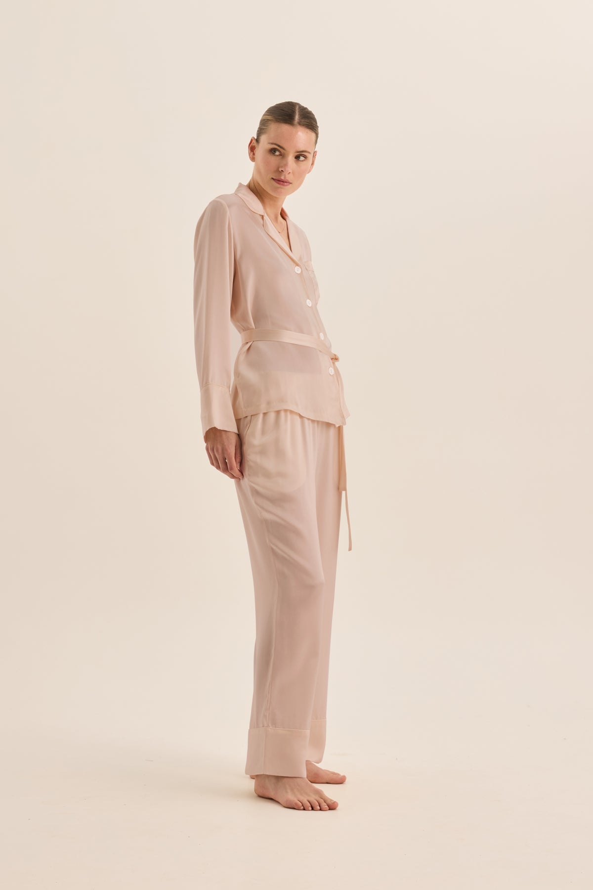 Gingerlilly Emerald Pure Silk Long Sleeve Wide Leg Pyjama Set - Pink - Front alt