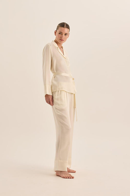 Emerald Pure Silk Ivory Long Sleeve Top with Belt and Wide Leg Pant | Gingerlilly Sleepwear