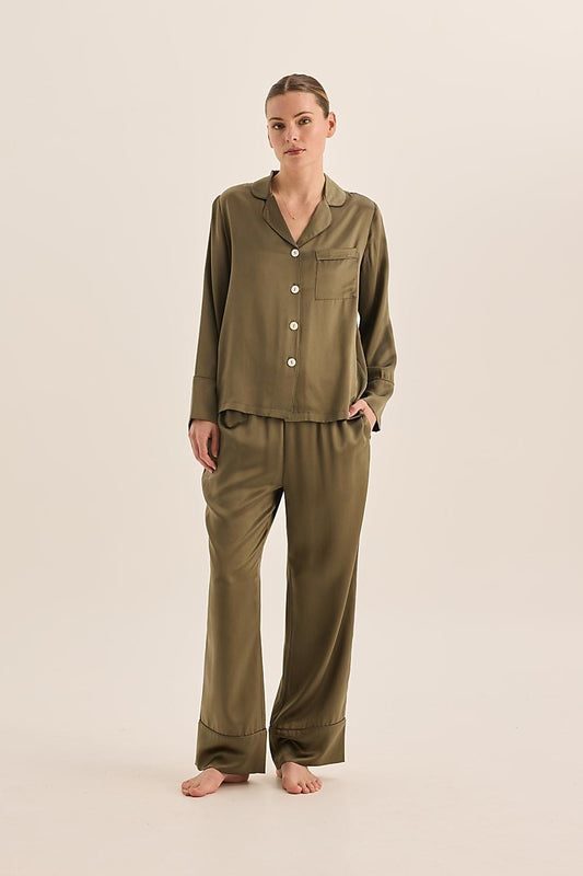 Emerald Pure Silk Olive Long Sleeve Top with Belt and Wide Leg Pant | Gingerlilly Sleepwear