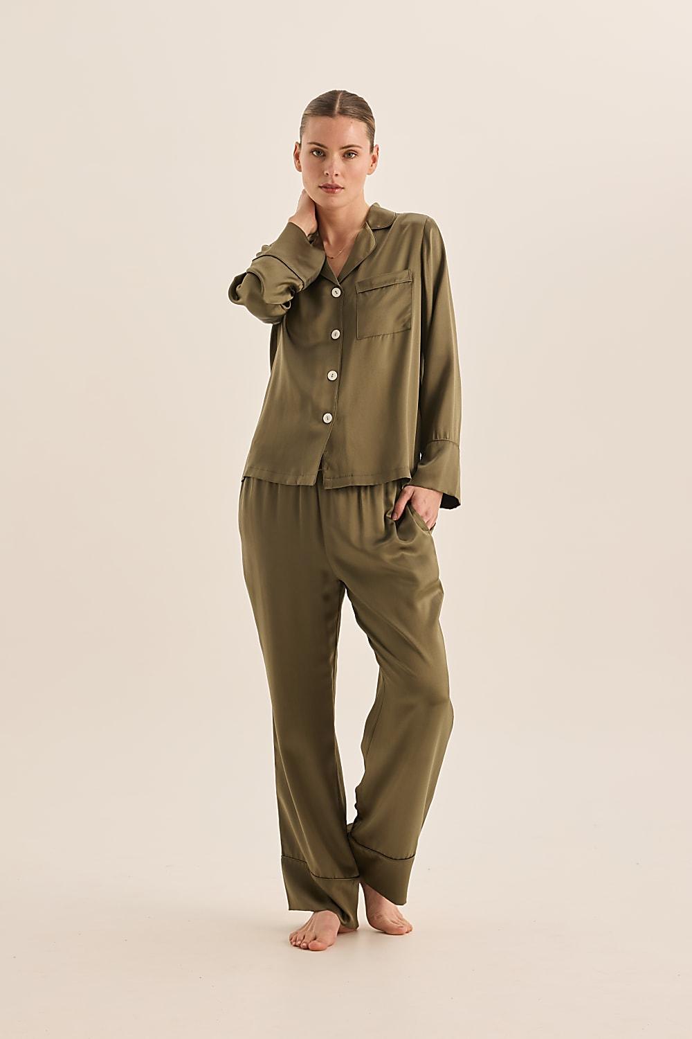 Emerald Pure Silk Olive Long Sleeve Top with Belt and Wide Leg Pant | Gingerlilly Sleepwear