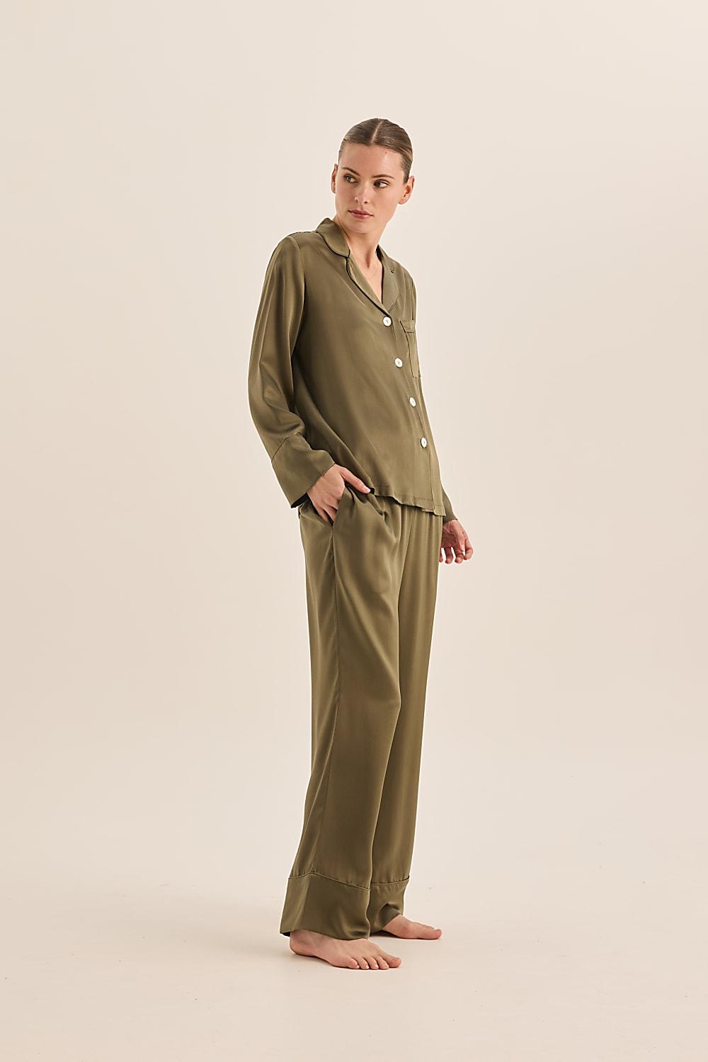 Emerald Pure Silk Olive Long Sleeve Top with Belt and Wide Leg Pant | Gingerlilly Sleepwear