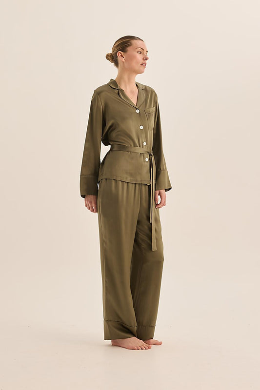 Emerald Pure Silk Olive Long Sleeve Top with Belt and Wide Leg Pant | Gingerlilly Sleepwear