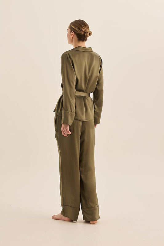 Emerald Pure Silk Olive Long Sleeve Top with Belt and Wide Leg Pant | Gingerlilly Sleepwear