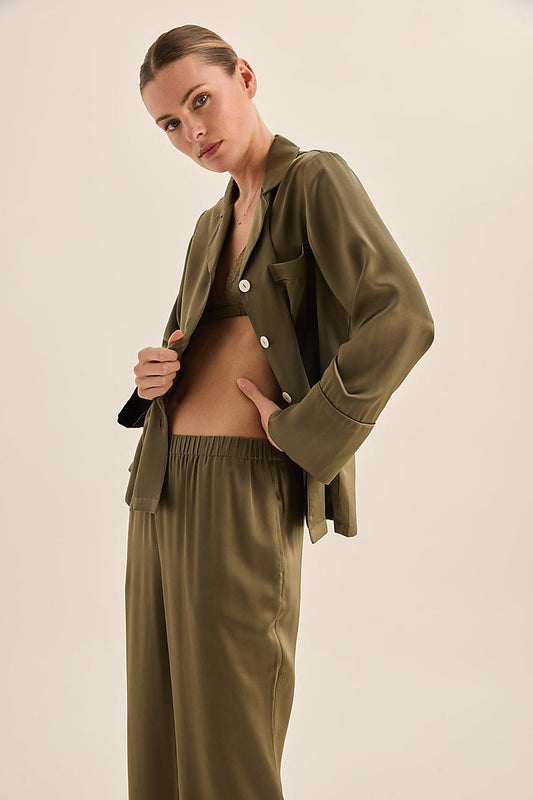 Emerald Pure Silk Olive Long Sleeve Top with Belt and Wide Leg Pant | Gingerlilly Sleepwear