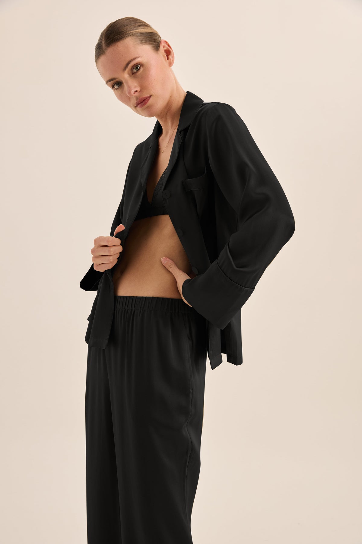 Gingerlilly Emerald Pure Silk Long Sleeve Wide Leg Pyjama Set - Black - Side