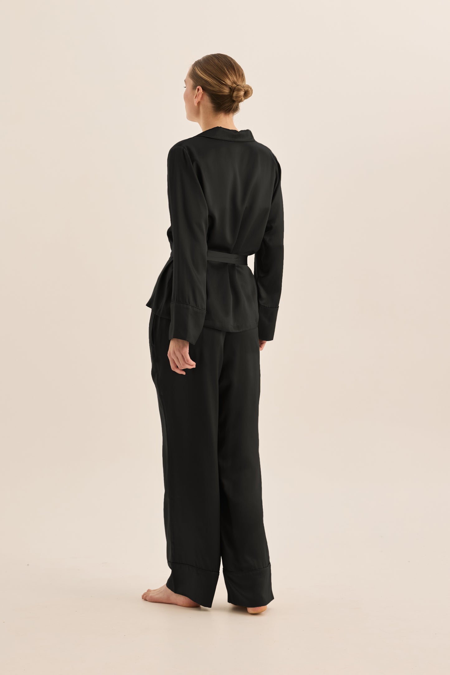 Pure Silk Pyjamas for Women | Emerald Black Long Sleeve Top & Wide Leg Pants by Gingerlilly