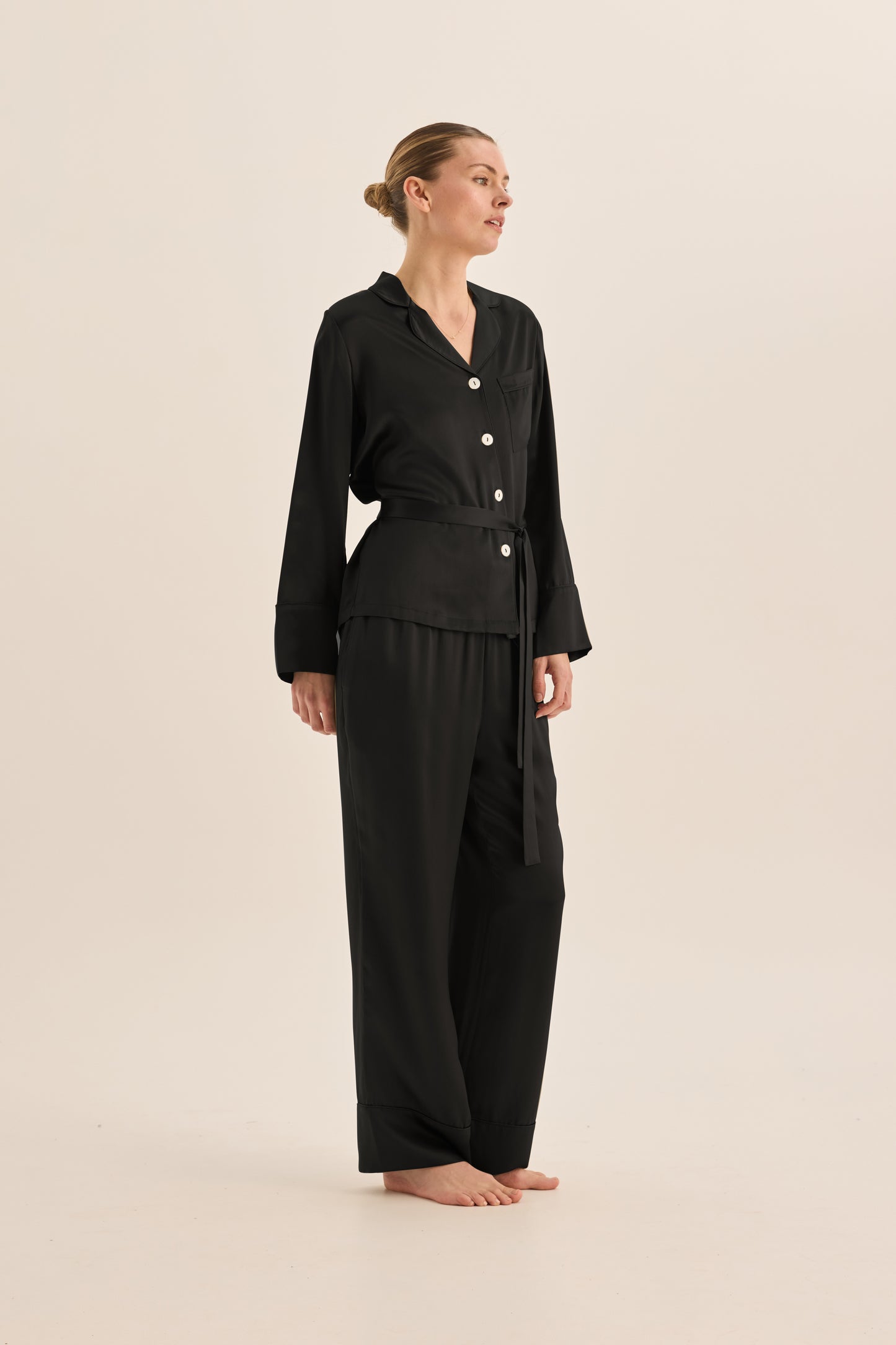 Pure Silk Pyjamas for Women | Emerald Black Long Sleeve Top & Wide Leg Pants by Gingerlilly