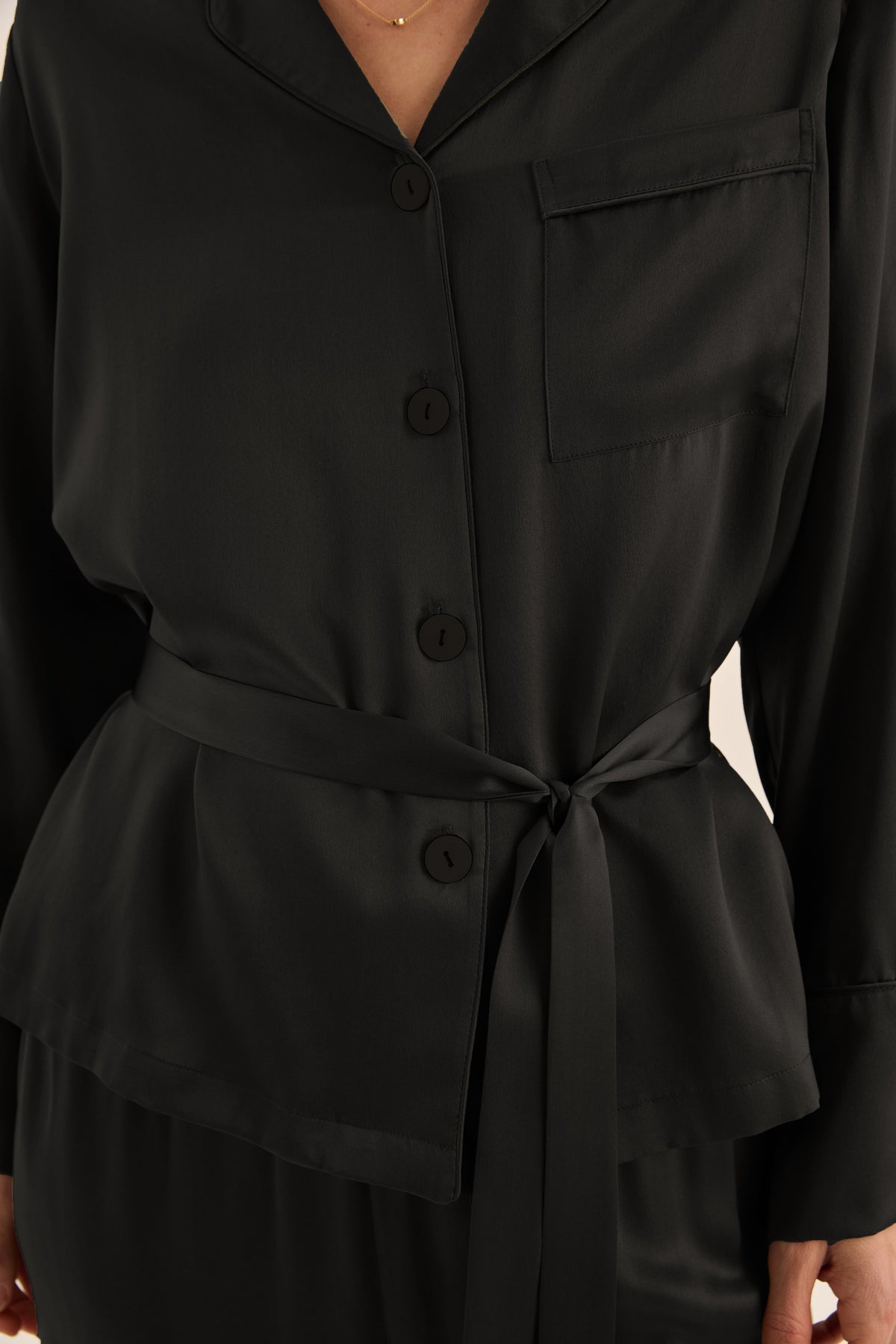 Gingerlilly Emerald Pure Silk Long Sleeve Wide Leg Pyjama Set - Black - Detail