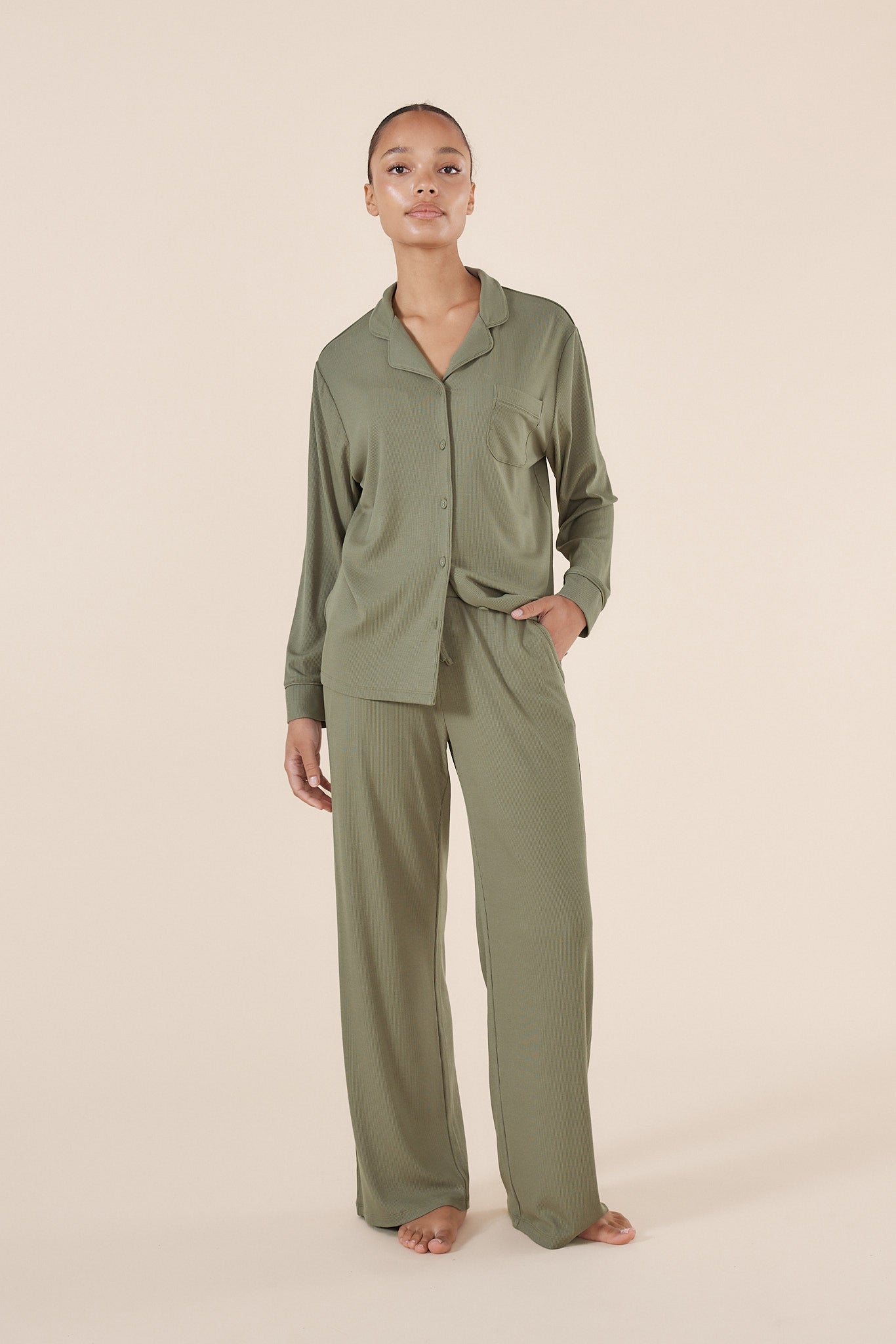 Olive Green Ribbed Loungewear Pyjama Set ~ Women's Pyjamas | Gingerlilly
