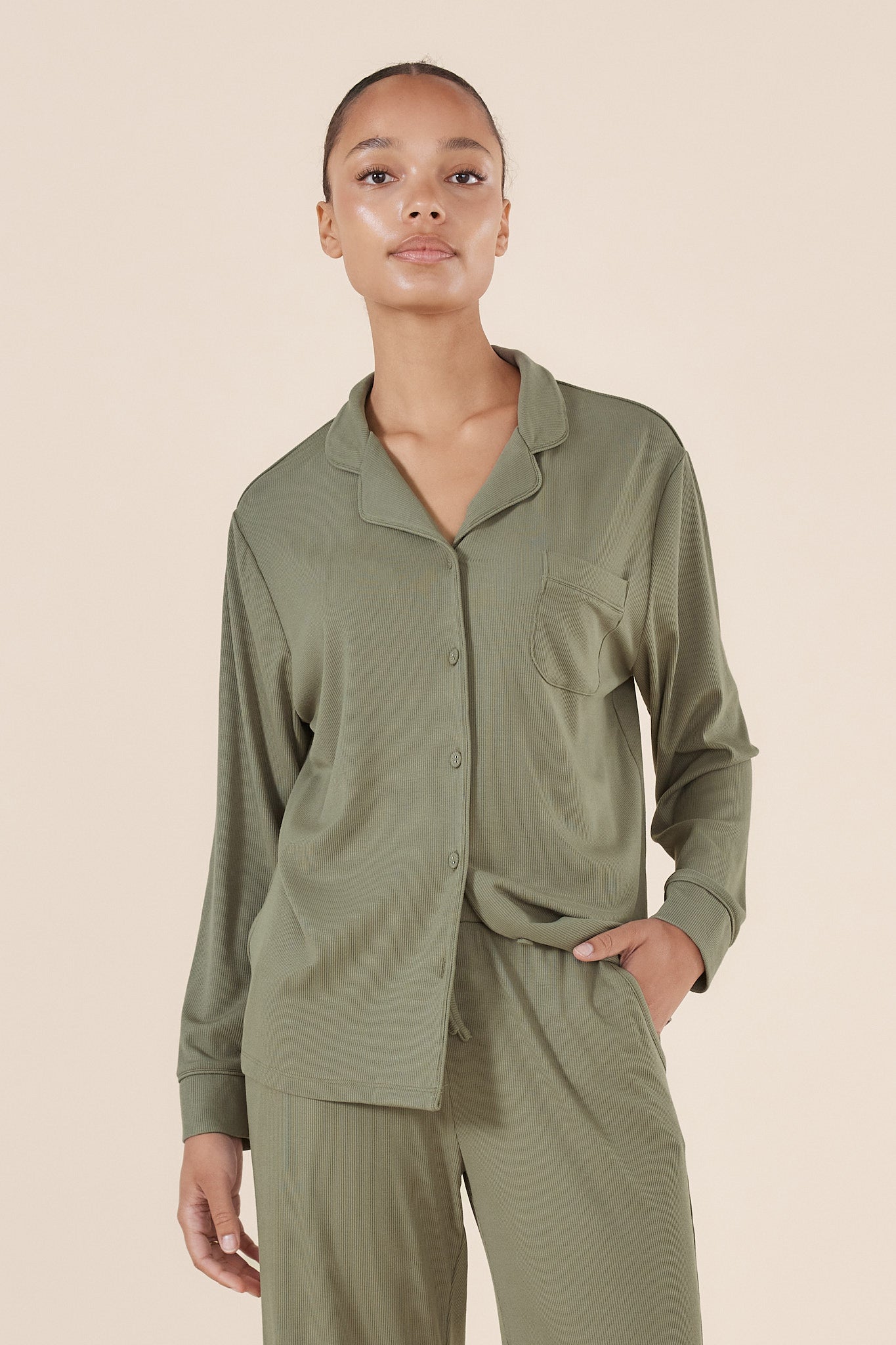 Olive Green Ribbed Loungewear Pyjama Set ~ Women's Pyjamas | Gingerlilly