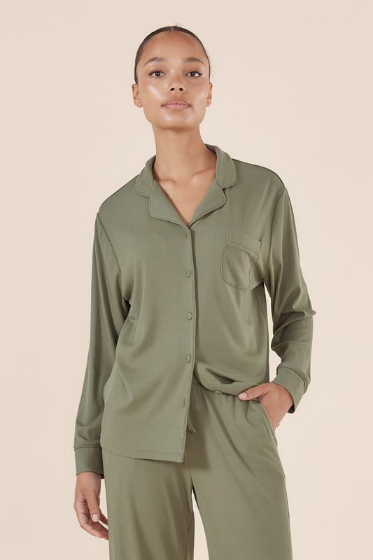 Olive Green Ribbed Loungewear Pyjama Set ~ Women's Pyjamas | Gingerlilly