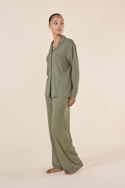 Olive Green Ribbed Loungewear Pyjama Set ~ Women's Pyjamas | Gingerlilly