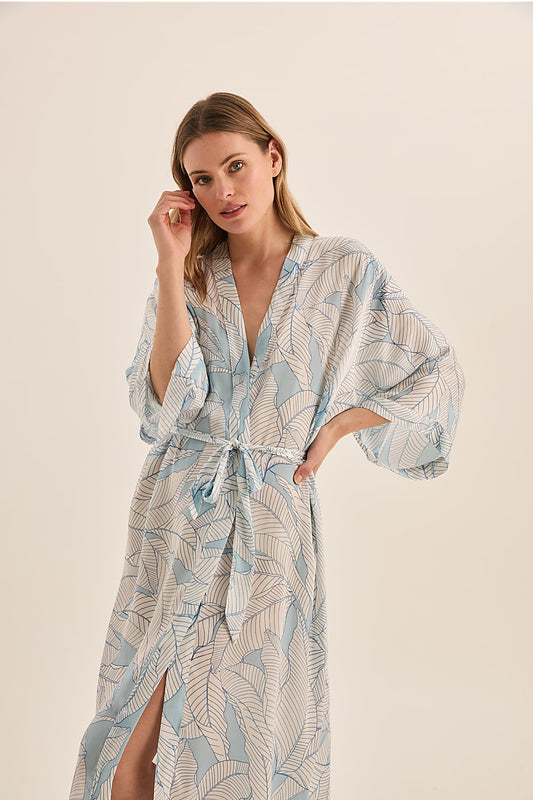 Everly White Blue Printed Robe | Gingerlilly Sleepwear