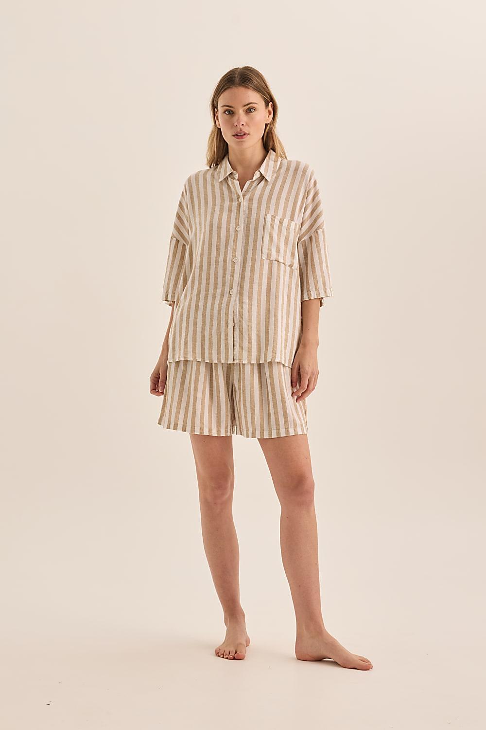 Evie Natural Stripe Linen Short Set | Gingerlilly Sleepwear