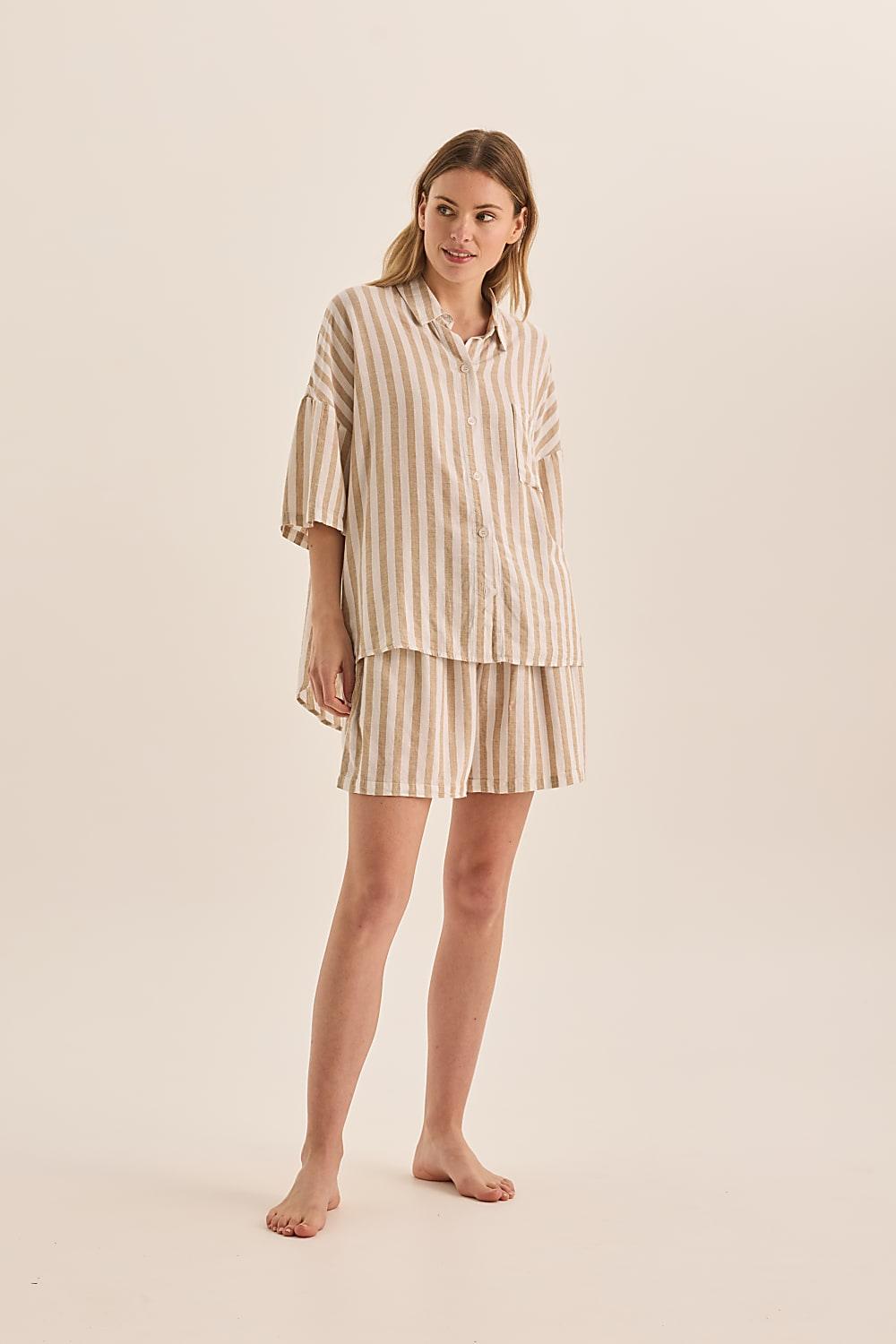 Evie Natural Stripe Linen Short Set | Gingerlilly Sleepwear