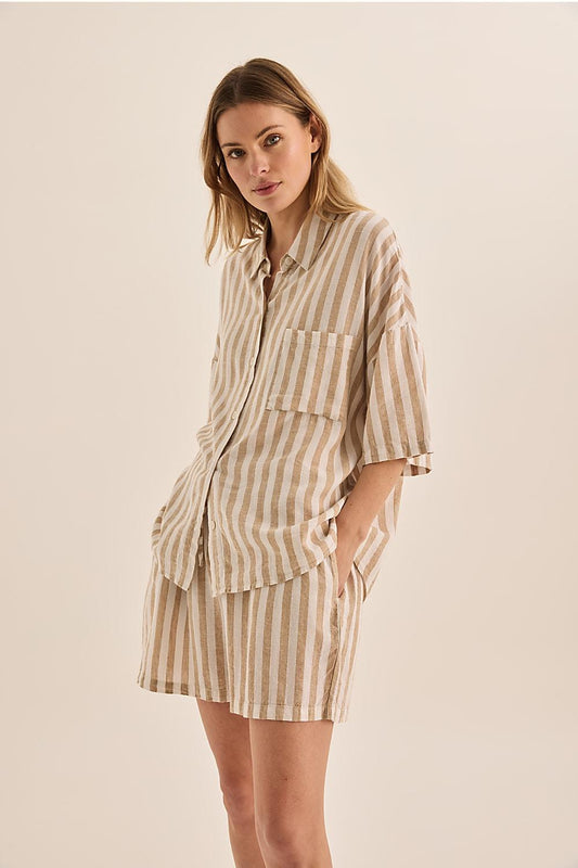 Evie Natural Stripe Linen Short Set | Gingerlilly Sleepwear