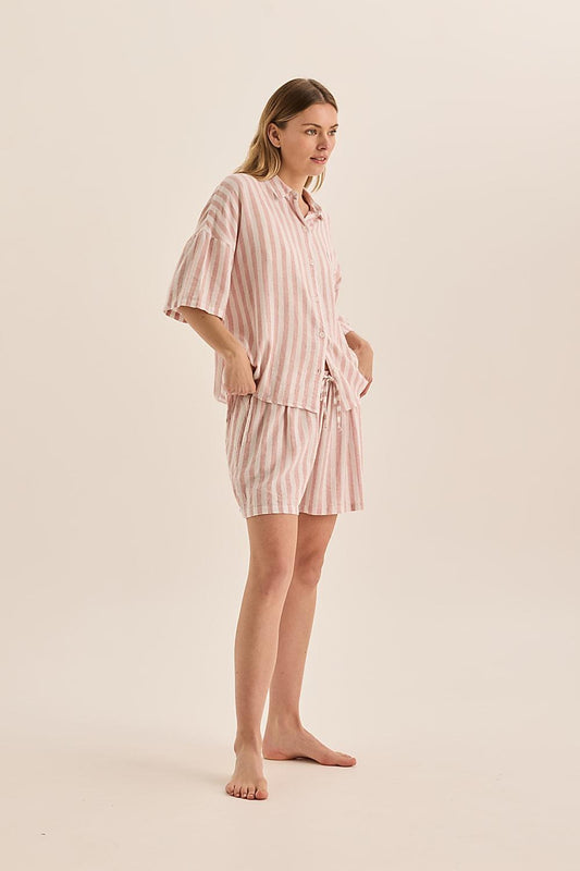 Evie Pink Stripe Linen Short Set | Gingerlilly Sleepwear