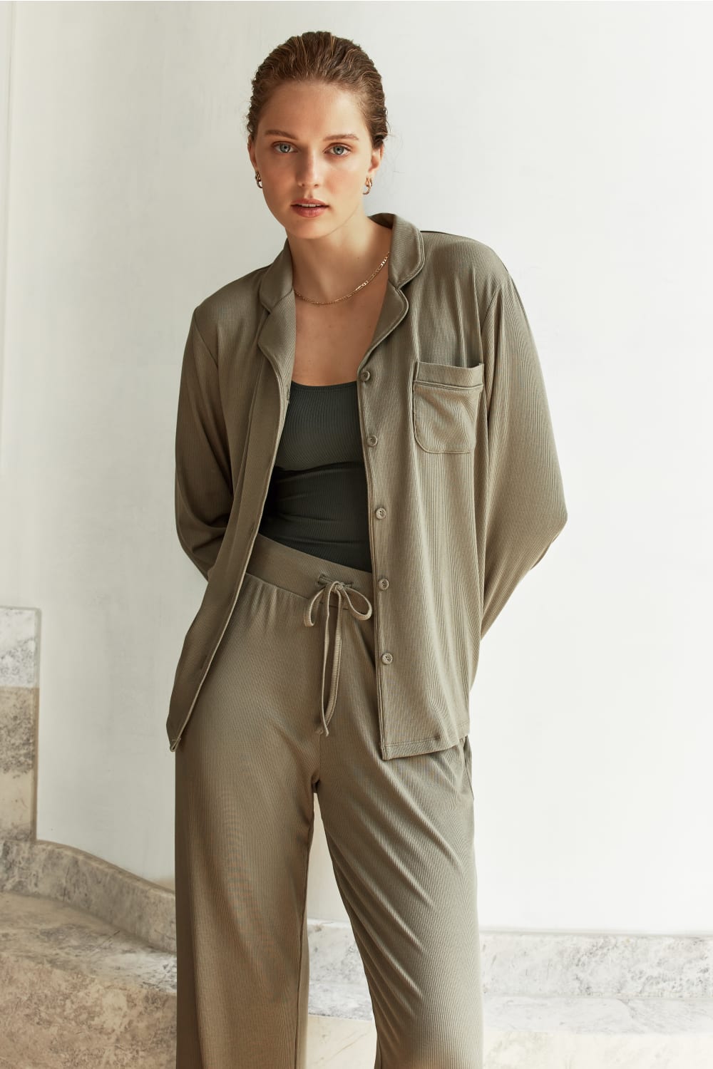 Olive Green Ribbed Loungewear Pyjama Set ~ Women's Pyjamas | Gingerlilly