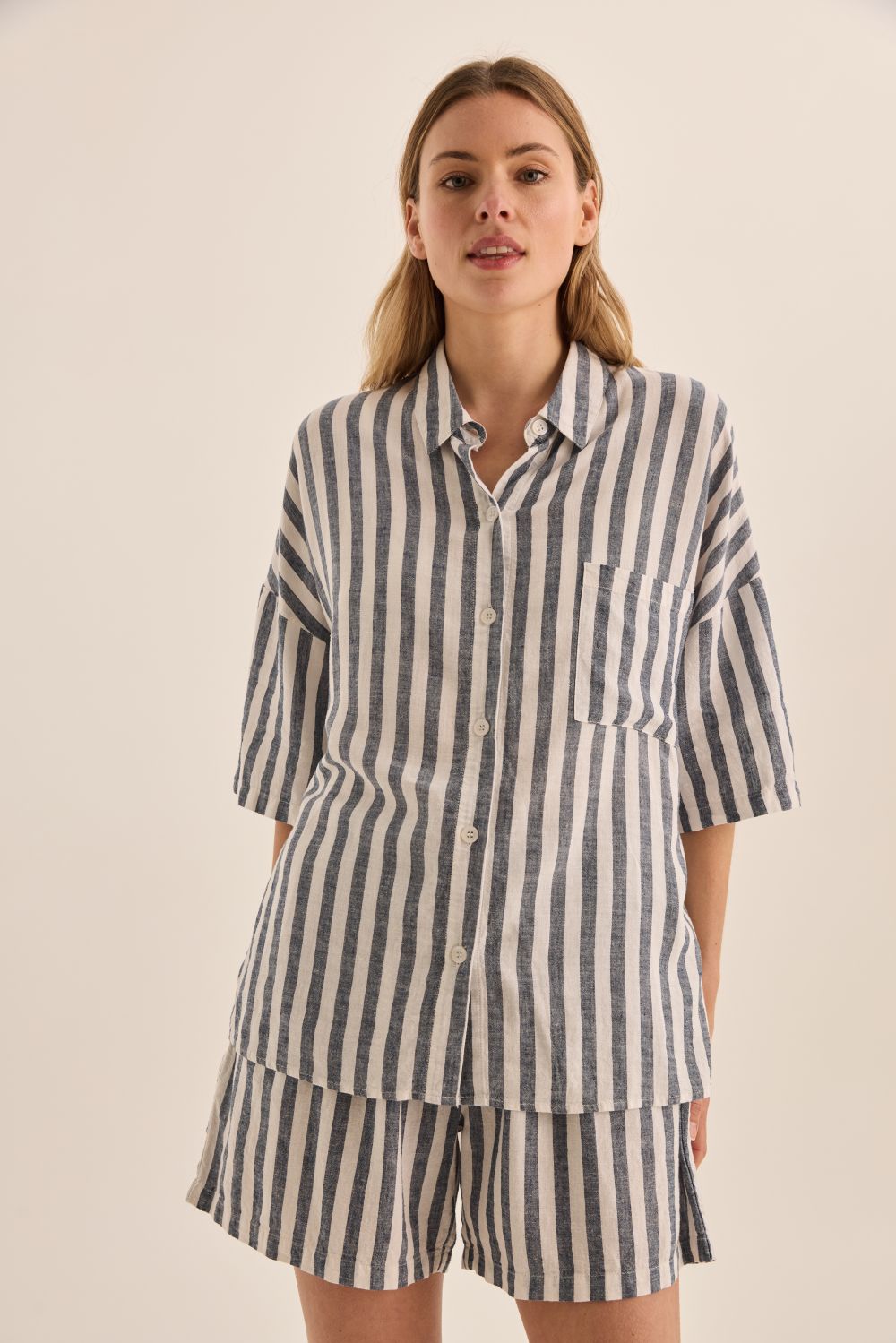 Evie Navy Stripe Linen Short Set