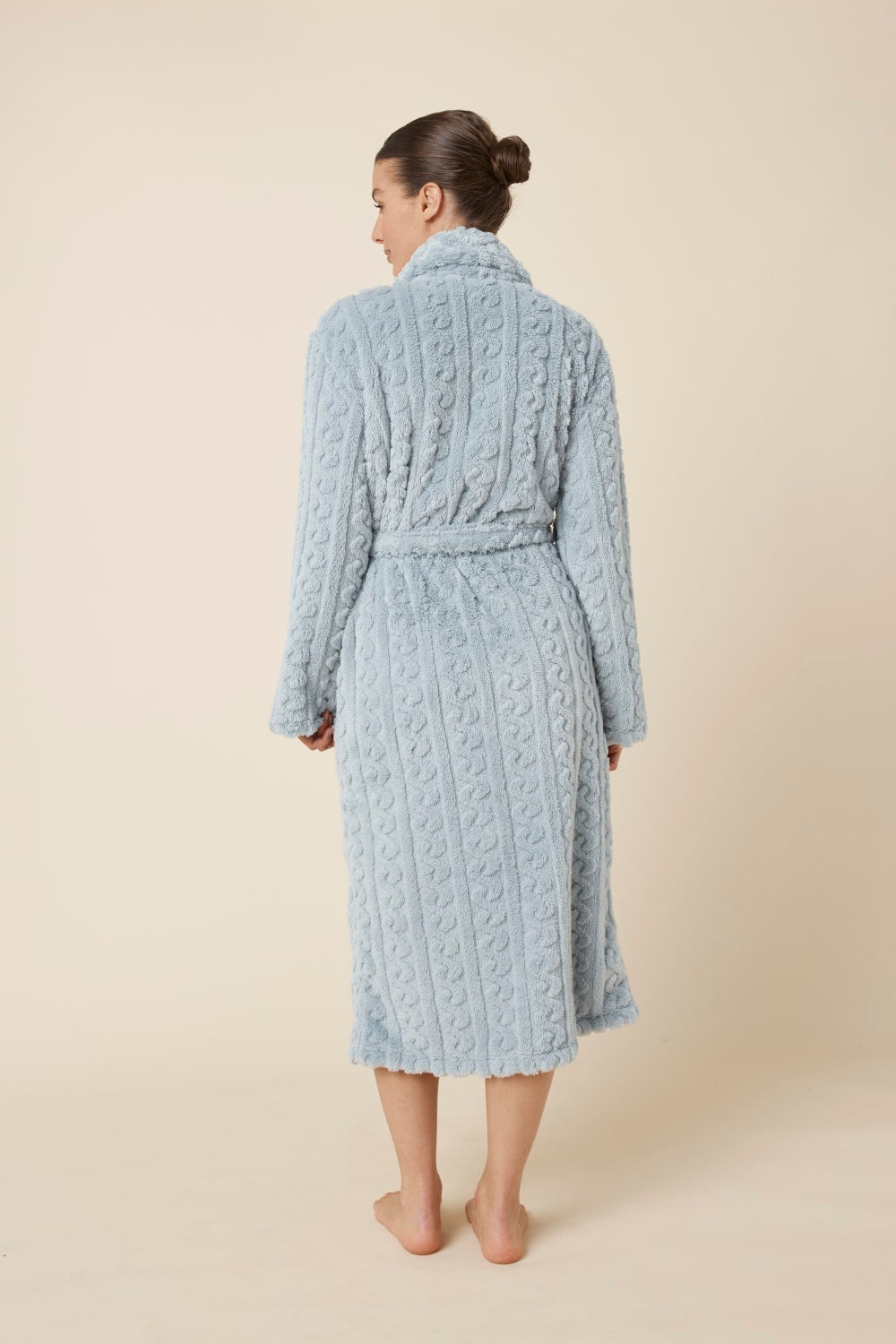 Woman wearing a textured blue Gabriella Plush Long Robe back view