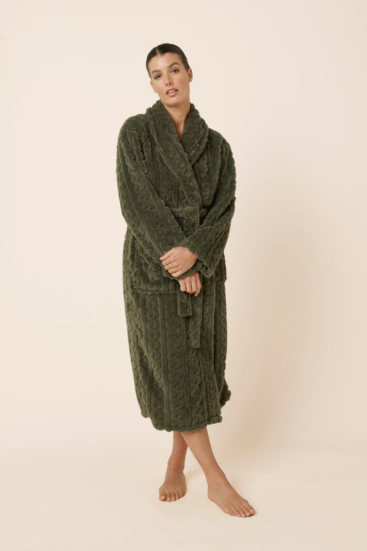 Woman wearing a green olive Gabriella Plush Long Robe olive from from on view with hands crossed