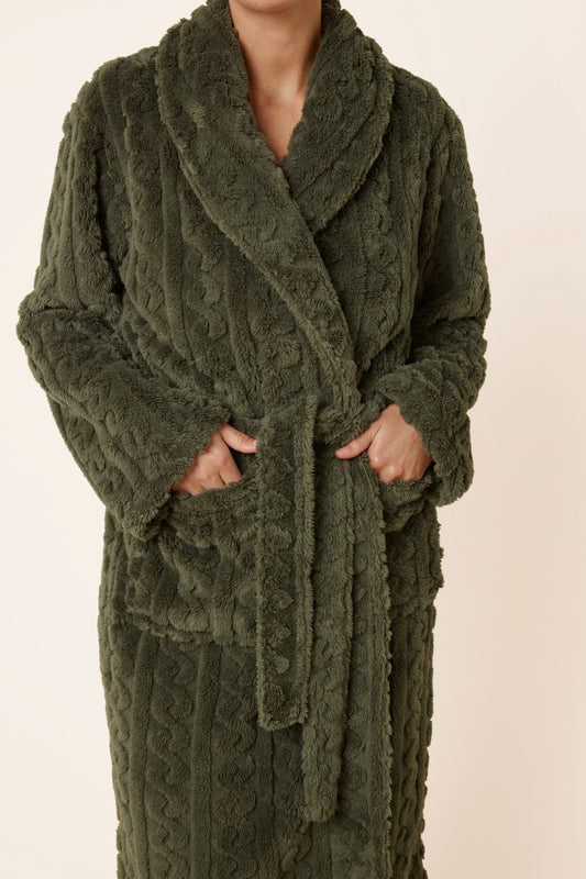 Woman wearing a green olive cable-knit Gabriella Plush Long Robe