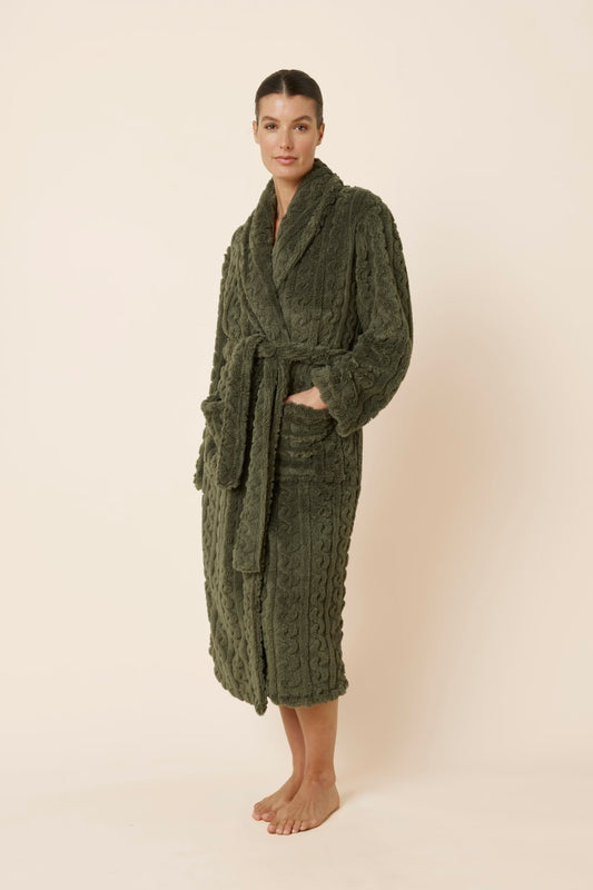 Woman wearing a olive green Gabriella Plush Long Robe with a side on view and hand in pocket
