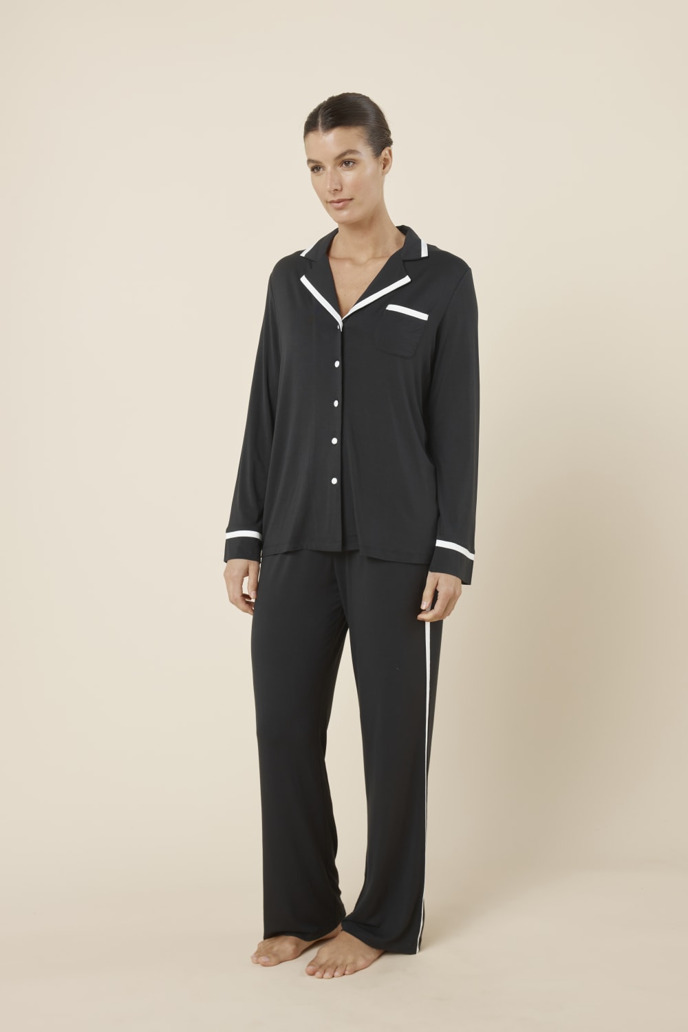 Woman wearing black Grace Bamboo pyjama PJ Set Black side on view