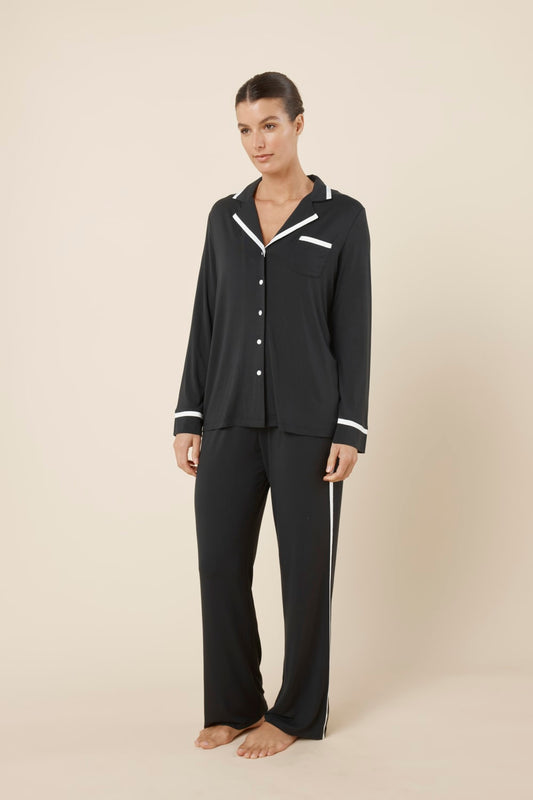 Woman wearing black Grace Bamboo pyjama PJ Set Black side on view