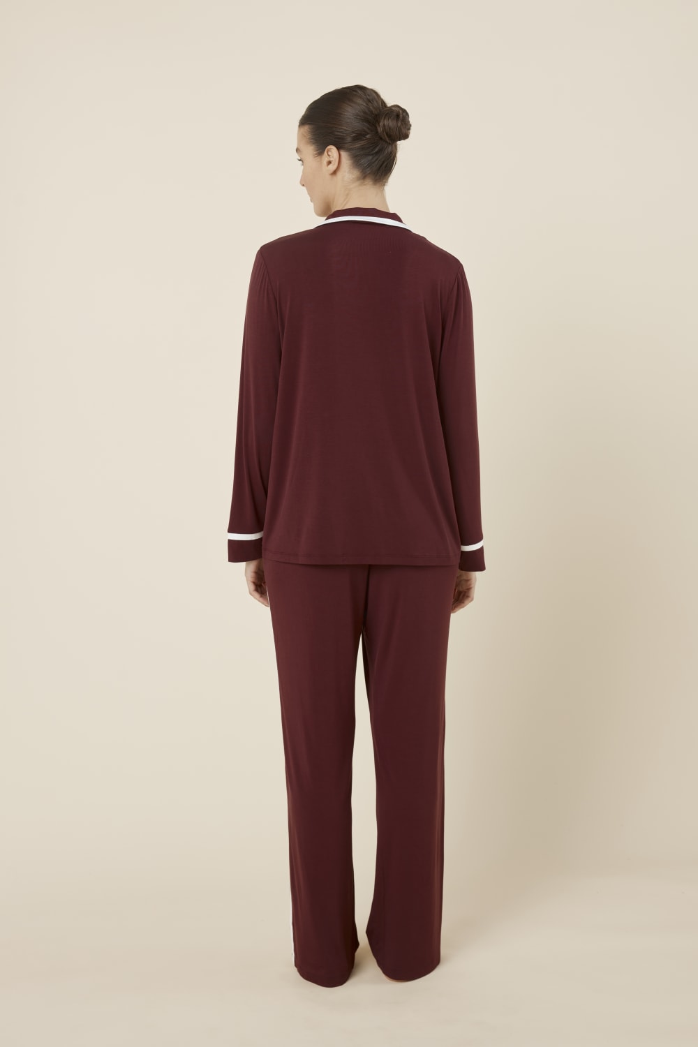 Grace Bamboo PJ Set Burgundy back view, relaxed fit long sleeve bamboo pyjama top and full length pants