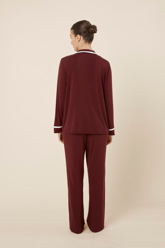 Grace Bamboo PJ Set Burgundy back view, relaxed fit long sleeve bamboo pyjama top and full length pants