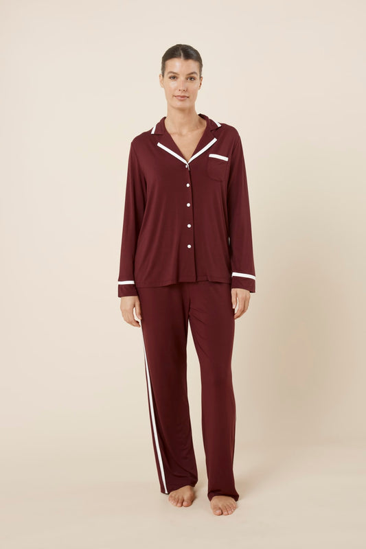 Grace Bamboo PJ Set Burgundy front view, relaxed fit bamboo sleepwear set with full length pants and contrast trim