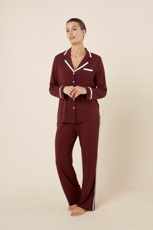 Grace Bamboo PJ Set Burgundy angled front view, soft bamboo pyjamas with piped collar and satin side seam detail