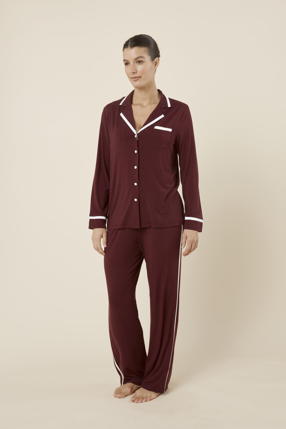 Grace Bamboo PJ Set Burgundy angled front view, soft bamboo pyjamas with piped collar and satin side seam detail