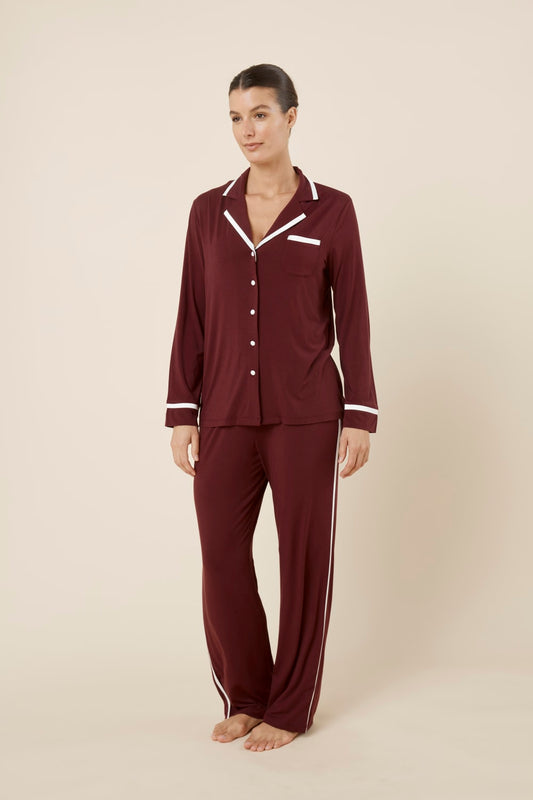 Grace Bamboo PJ Set Burgundy angled front view, soft bamboo pyjamas with piped collar and satin side seam detail