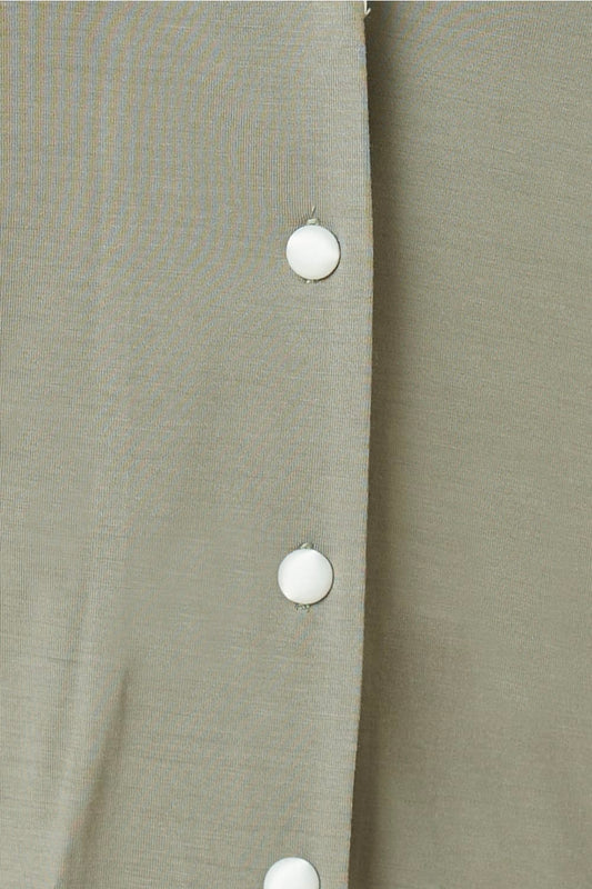 Grace Bamboo PJ Set Olive close up of covered buttons and bamboo fabric texture in soft olive tone