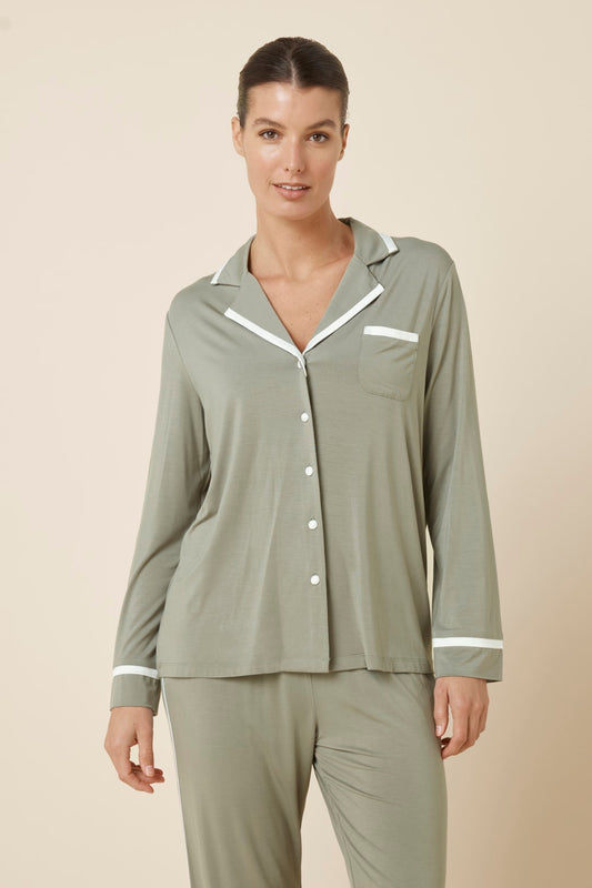 Grace Bamboo PJ Set Olive front view, long sleeve bamboo sleepwear set with button through shirt and wide leg pants