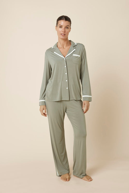 Grace Bamboo PJ Set Olive standing model view, breathable bamboo nightwear with piped collar and chest pocket detail